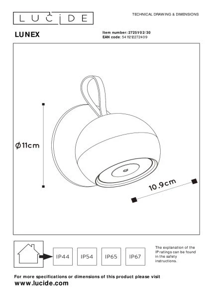 Lucide LUNEX - Applique murale Rechargeable Intérieur/Extérieur - Batterie/Piles - LED Dim. - 1x2W 3000K - IP54 - Magnétique - Noir - technique